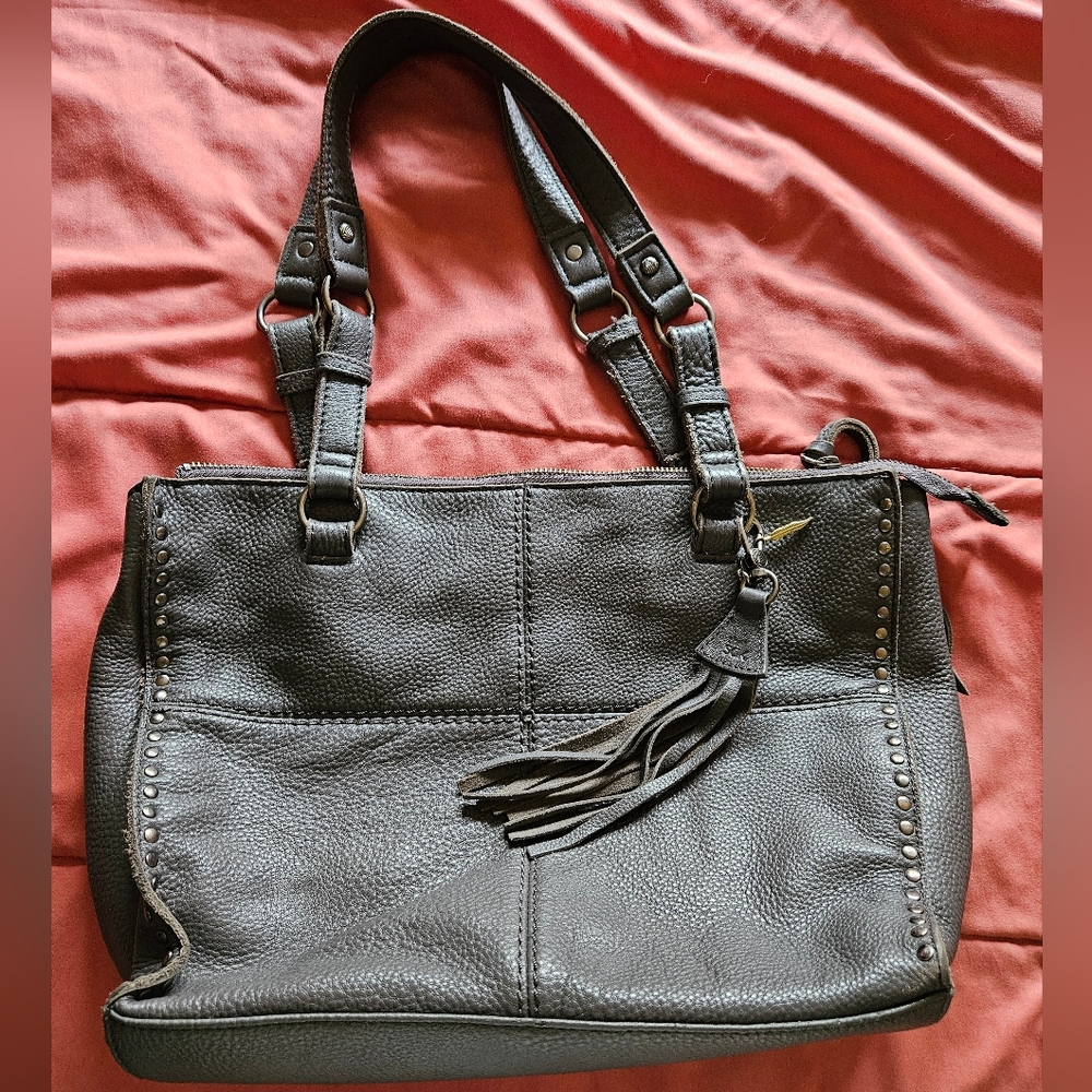 The Sak slate gray boho style leather shoulder bag